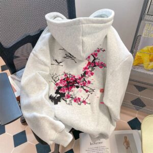 White Cherry Blossom Embroidered Hoodie